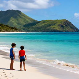 Caribbean Holidays, Montserrat Family Holidays, A relaxed family enjoying a bright sandy beach and calm turquoise sea on Montserrat, with green hills in the background