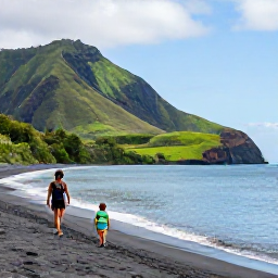 Caribbean Holidays, Montserrat Family Holidays, A relaxed family walking along a quiet volcanic island beach in Montserrat during October, with green hills and calm Caribbean water