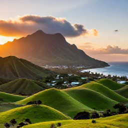 Caribbean Holidays, Montserrat Family Holidays, A sunset view over Montserrat&rsquo;s green volcanic hills and Caribbean coastline, suitable for a family holiday travel feature