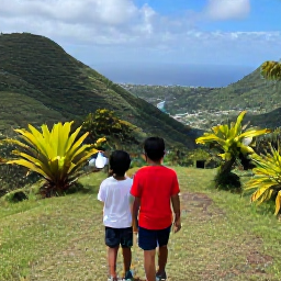 Caribbean Holidays, Montserrat Family Holidays, Children and parents exploring Montserrat&rsquo;s lush hills on a family nature walk, with tropical plants and a distant view of the sea