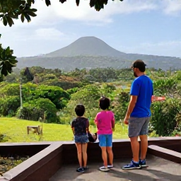 Caribbean Holidays, Montserrat Family Holidays, Children discovering the volcanic landscape of Montserrat with parents near a safe viewpoint, lush vegetation and distant hills in the background