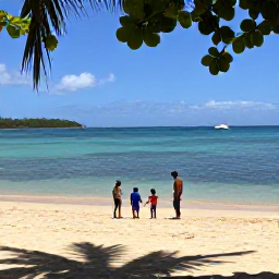Caribbean Holidays, Montserrat Family Holidays, Children exploring a calm Montserrat beach with parents nearby, clear Caribbean water and shaded palms