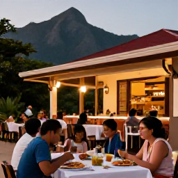 Caribbean Holidays, Montserrat Family Holidays, Family dining outdoors at a friendly local restaurant in Montserrat, enjoying Caribbean food in warm evening light