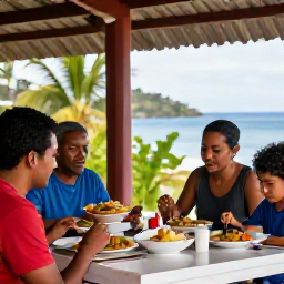 Caribbean Holidays, Montserrat Family Holidays, Family enjoying a relaxed meal at a small open-air restaurant in Montserrat, with local Caribbean dishes on the table