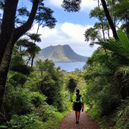 Caribbean Holidays, Montserrat Family Holidays, Family-friendly nature trail through lush Montserrat forest with views towards volcanic hills and the sea