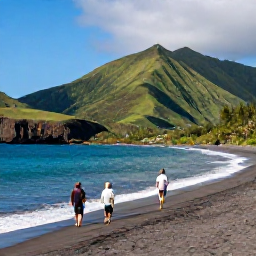 Caribbean Holidays, Montserrat Family Holidays, Family walking along a quiet volcanic island beach in Montserrat, Caribbean, with green hills and calm blue sea