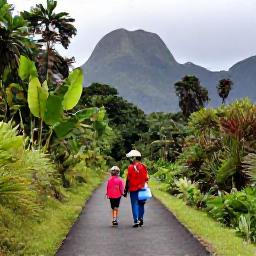 Caribbean Holidays, Montserrat Family Holidays, Family walking along a well-marked nature trail on Montserrat, surrounded by lush rainforest and volcanic mountain scenery