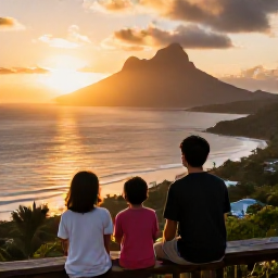 Caribbean Holidays, Montserrat Family Holidays, Family watching a golden sunset over Montserrat&rsquo;s Caribbean coast from a comfortable outdoor viewpoint