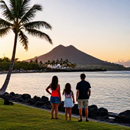 Caribbean Holidays, Montserrat Family Holidays, Happy family watching sunset over Montserrat's Caribbean coastline, with palm trees and volcanic hills in the background