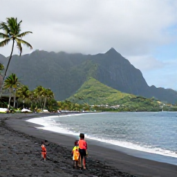 Caribbean Holidays, Montserrat Family Holidays, Parents and children enjoying a calm black-sand beach with palm trees and green mountains in the background