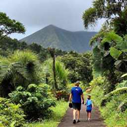 Caribbean Holidays, Montserrat Family Holidays, Parents and children exploring lush Montserrat rainforest on a safe scenic walking trail with volcanic hills in the background