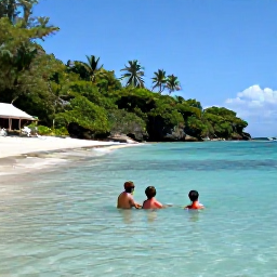 Caribbean Holidays, Montserrat Family Holidays, Parents and children swimming in clear turquoise water at a peaceful Montserrat beach surrounded by tropical greenery