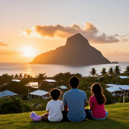 Caribbean Holidays, Montserrat Family Holidays, Parents and children watching a golden sunset over Montserrat&rsquo;s Caribbean coastline, with a peaceful village and palm trees nearby