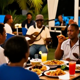 Caribbean Holidays, Montserrat February, A friendly evening in Montserrat with local musicians performing outdoors while visitors enjoy Caribbean food and drinks