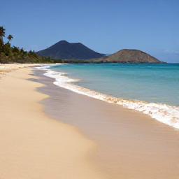 Caribbean Holidays, Montserrat February, A quiet golden-sand beach on Montserrat in February, calm turquoise Caribbean Sea, volcanic hills in the distance, bright tropical daylight