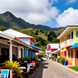 Caribbean Holidays, Montserrat February, Colourful Montserrat village street with friendly local caf&eacute;s, tropical plants and visitors enjoying a relaxed February afternoon