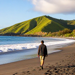 Caribbean Holidays, Montserrat February Holidays, Solo traveller walking along a quiet black-sand beach on Montserrat in warm February sunshine, with green hills and the Caribbean Sea