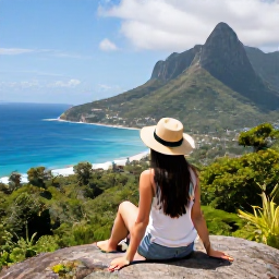 Caribbean Holidays, Montserrat February Holidays, Traveller relaxing at a scenic Montserrat viewpoint overlooking forest, coastline and Caribbean sea