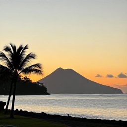 Caribbean Holidays, Montserrat February, Sunset over Montserrat&rsquo;s Caribbean coastline in February, warm evening light, calm sea, silhouettes of palm trees and volcanic peaks