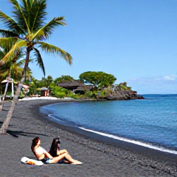Caribbean Holidays, Montserrat February Tours, Quiet Montserrat coastline with turquoise sea, black volcanic sand, palm trees and a couple relaxing beside the water