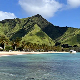 Caribbean Holidays, Montserrat February Tours, Sunny coastal landscape on Montserrat with green volcanic hills, a quiet Caribbean beach and a small tour boat