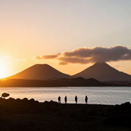 Caribbean Holidays, Montserrat February Tours, Travellers enjoying a warm February sunset over Montserrat, with volcanic hills, calm sea and soft golden light