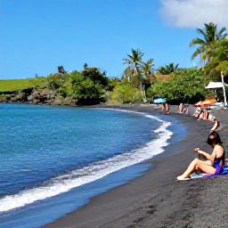 Caribbean Holidays, Montserrat February, Visitors relaxing on a secluded Montserrat beach, clear Caribbean water, black volcanic sand and green tropical vegetation under a sunny February sky
