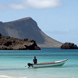 Caribbean Holidays, Montserrat Fishing, A peaceful coastal fishing scene near Montserrat, with a local angler beside clear water and rugged volcanic scenery
