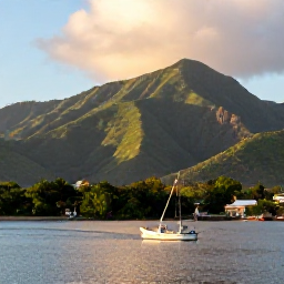 Caribbean Holidays, Montserrat Fishing, A quiet Montserrat harbour and fishing boat returning in the afternoon, with green hills and warm Caribbean light