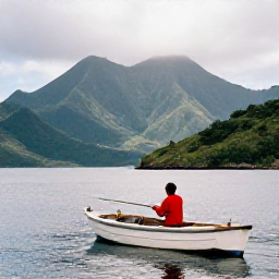 Caribbean Holidays, Montserrat Fishing, A relaxed angler returning to Montserrat's harbour after a day at sea, with green hills and volcanic scenery behind