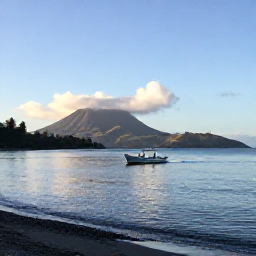Caribbean Holidays, Montserrat Fishing, A relaxed coastal scene at Little Bay, Montserrat, with a fishing charter returning in the afternoon and volcanic hills beyond