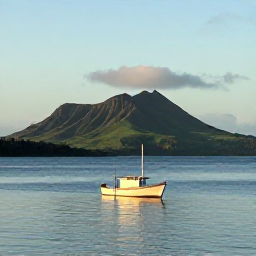 Caribbean Holidays, Montserrat Fishing, A small fishing boat on calm Caribbean water near Montserrat at sunrise, with the island&rsquo;s green volcanic coastline in the background