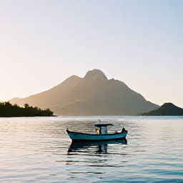Caribbean Holidays, Montserrat Fishing, A small fishing boat on calm Caribbean water near Montserrat at sunrise, with the island's volcanic coastline in the background