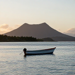 Caribbean Holidays, Montserrat Fishing, A small fishing boat on calm Caribbean water off Montserrat at sunrise, with the island's volcanic coastline in the background