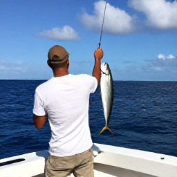 Caribbean Holidays, Montserrat Fishing, Angler reeling in a large fish from a charter boat off Montserrat, with blue sea and a bright Caribbean sky