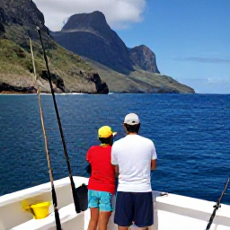 Caribbean Holidays, Montserrat Fishing, Anglers fishing from a charter boat in deep blue Caribbean water near Montserrat, with rods, tackle and rugged coastline visible