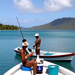 Caribbean Holidays, Montserrat Fishing, Friendly local fishermen preparing rods and tackle on a boat in a peaceful Montserrat harbour