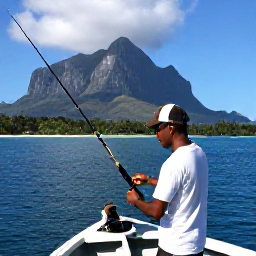 Caribbean Holidays, Montserrat Fishing, Friendly local fishing guide helping holidaymakers prepare rods on a boat beside Montserrat&rsquo;s tropical coastline
