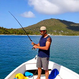 Caribbean Holidays, Montserrat Fishing, Friendly local fishing guide preparing rods and tackle on a small Montserrat harbour boat