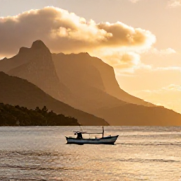 Caribbean Holidays, Montserrat Fishing, Golden afternoon light over Montserrat's coastline, with a returning fishing boat and calm Caribbean sea