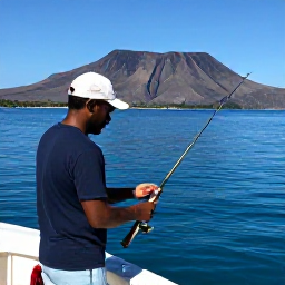 Caribbean Holidays, Montserrat Fishing January, A friendly local angler preparing rods and tackle aboard a fishing charter near Montserrat, with clear blue water and volcanic hills beyond