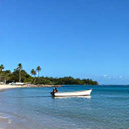 Caribbean Holidays, Montserrat Fishing January, A peaceful Montserrat harbour and tropical coastline in January sunshine, with a fishing boat returning after a morning at sea