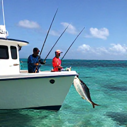 Caribbean Holidays, Montserrat Fishing January, Anglers fighting a large fish from a charter boat off Montserrat, with rods bent over clear turquoise Caribbean water