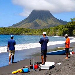 Caribbean Holidays, Montserrat Fishing January, Anglers relaxing after a successful fishing trip on a Montserrat beach, with tackle, fresh fish and a lush volcanic landscape behind them