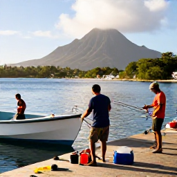 Caribbean Holidays, Montserrat Fishing January, Friendly local anglers preparing rods and tackle beside a boat in a quiet Montserrat harbour under bright morning sunshine