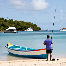 Caribbean Holidays, Montserrat Fishing July, A local Montserrat fishing guide preparing rods and bait beside a colourful boat in a quiet island harbour