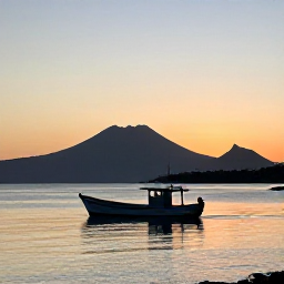 Caribbean Holidays, Montserrat Fishing July, A peaceful Montserrat shoreline at sunset with a fishing boat returning to harbour and volcanic landscape beyond