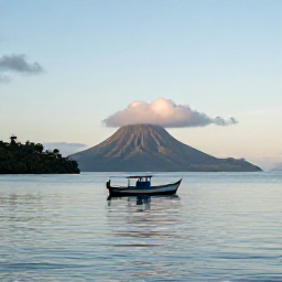 Caribbean Holidays, Montserrat Fishing July, A small fishing boat on calm Caribbean waters off Montserrat at sunrise, with the island&rsquo;s volcanic coastline in the background