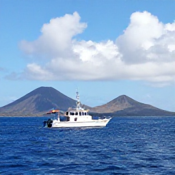 Caribbean Holidays, Montserrat Fishing July, Visitors fishing from a charter boat near Montserrat, with bright blue sea, volcanic hills and light summer clouds
