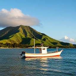 Caribbean Holidays, Montserrat Fishing June, A small fishing boat on clear Caribbean water off Montserrat at sunrise, with green volcanic hills and the coastline in the background